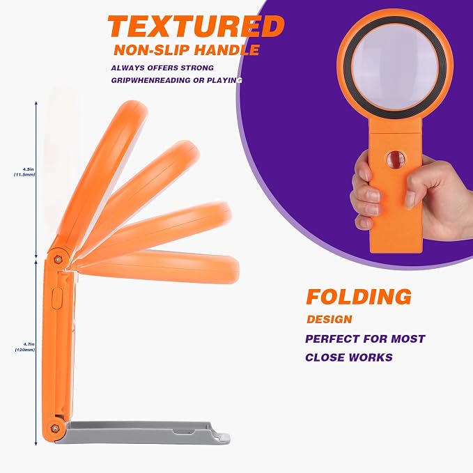 Magnifying Glass with Light and Stand, Foldable Handheld Magnifying Glass 18 LED Illuminated Lighted Magnifier for Macular Degeneration, Seniors Reading, Close Work, Coins, Jewelry Orange