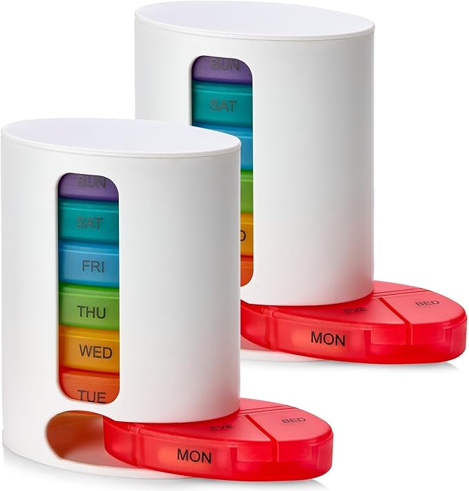 MEDca Weekly Pill Organizer, 1 Dispenser, 7 Stackable Multi-Color Compartments Four Times-a-Day - Morning, Noon, Evening, and Bedtime, White, 2-Pack
