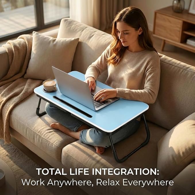 BUYIFY 23.4" Foldable Lap Desk Bed Table with Cup Holder Tray Blue | Portable Folds Flat for Easy Storage, No Assembly Laptop Bed Desk, Sturdy and Lightweight, Patent Design