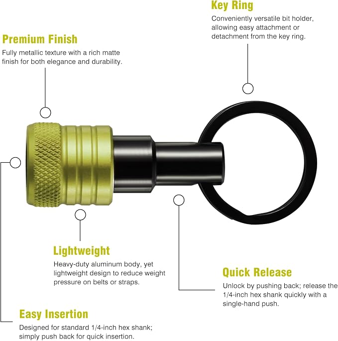 Katerk Bit Holder Keychain 12 Pcs, 1/4-Inch Hex Shank, Quick Release, Green | Aluminum Alloy, Impact Drivers, Drill Bits, Tool Belt Use, Carabiner Clip, One-Handed Operation, Ball Lock, Compact Organizer