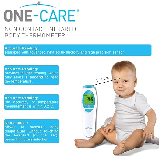 ONE-CARE Infrared Thermometer HTD8813C, Non-Contact, Forehead & Room | Homedics Thermometer, High Accuracy, Fast Reading, Body & Room Temp, Newborn Baby to Adult, Fever Alarm, Large Display