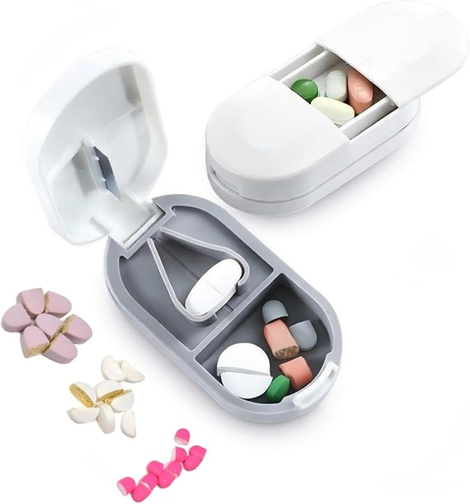 Pill Cutter, Precise 1/2 Pill Splitter for Small and Large Pills, Portable Medicine Divider with Storage Compartment, for Travel and Daily Use (Classic White & Slate Gray)