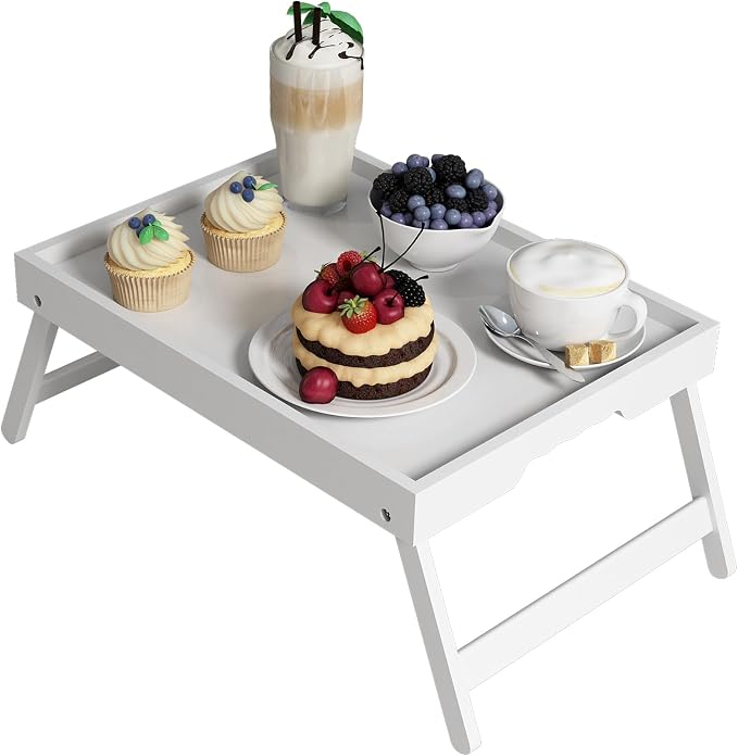 Youpehom Bamboo Bed Tray Table with Folding Legs, Large, White | Large bamboo bed tray with folding legs, handles and raised edges for meals, laptops, reading and serving in bed.