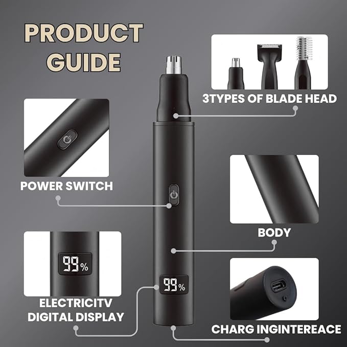 Rechargeable Ear and Nose Hair Trimmer for Men Women, Professional Hypoallergenic 3IN1 Eyebrow & Facial Hair Trimmer, Gentle Dual Blades, USB-Type C Fast Charge, Portable with Detachable Head