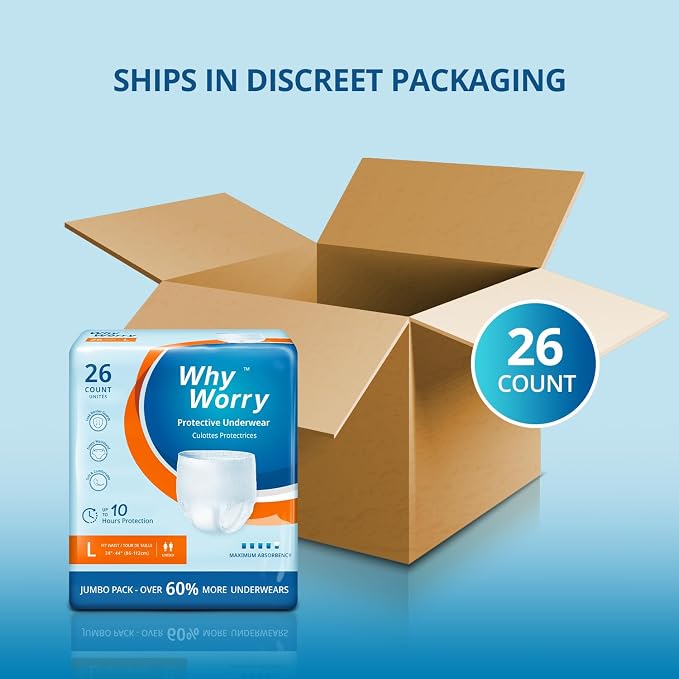 WhyWorry Incontinence Underwear for Women & Men, Large, 26 Count | Disposable Adult Pull Ups with Maximum Absorbency, Leakproof Adult Diaper Pants, Overnight Protection, Odor Control, Unisex
