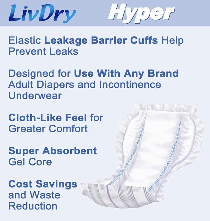 LivDry High Absorbency Pad Insert for Incontinence Briefs and Adult Diapers, Women and Men, Hyper 2000 (80 Count)