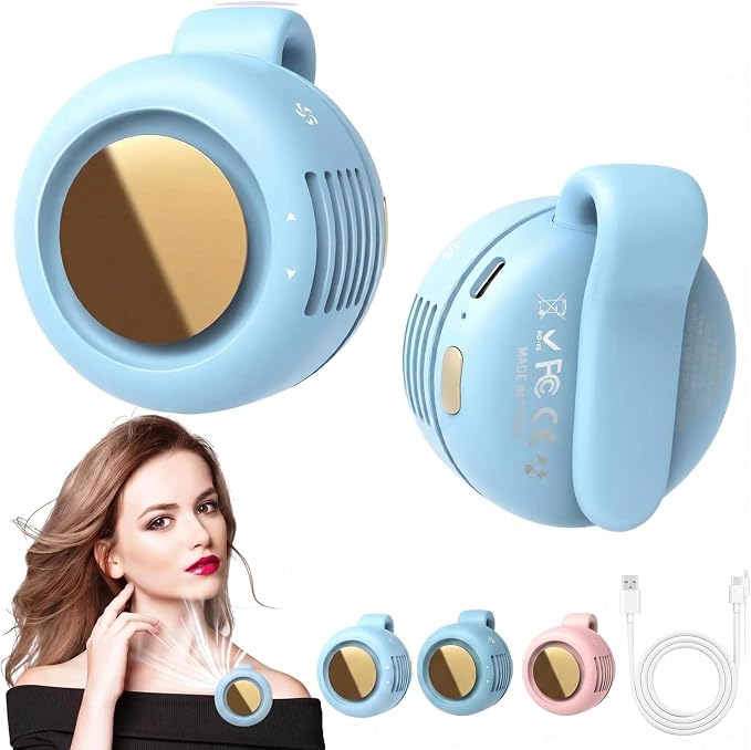 Portable Silent Mini Bladeless Fan Clip On, Small Fan Clip on for Shirt & Waist, Adjustable 3-Speed Suspended Whirlwind Fans, For Outdoor & Travel & Office, Travel Accessories, Gift (Light Blue)
