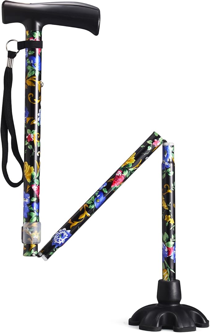 Floral Canes for Women Folding Cane for Stability with Non-Slip Base, Adjustable Walking Cane for Seniors - Lightweight Collapsible Walking Sticks with T & Offset Handle