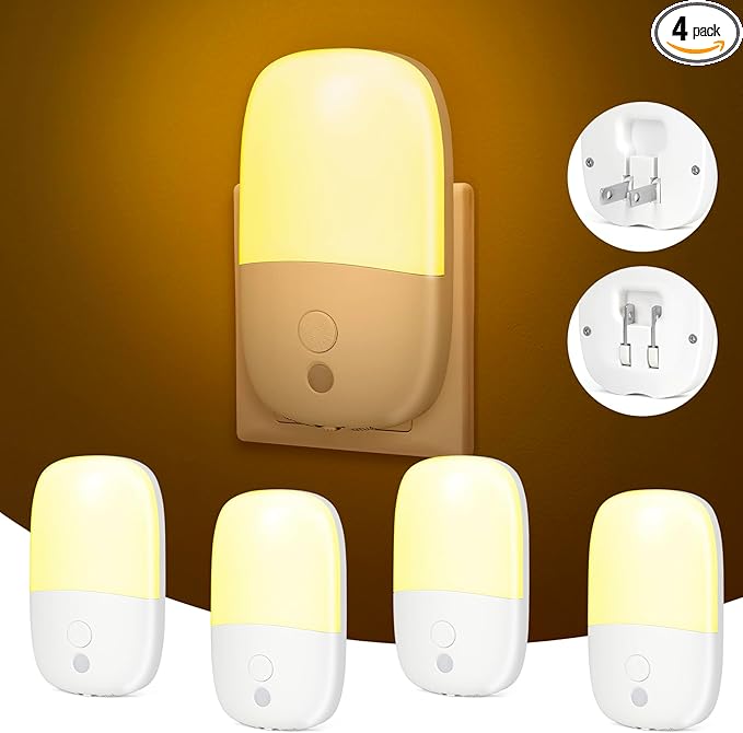 LED Night Light Plug into Wall, 4 Pack Dusk to Dawn Sensor Nightlight with Retractable Plug & 3 Adjustable Brightness, Dimmable 3000K Warm Lights for Adults Kids Bedroom Stair Hallway Kitchen