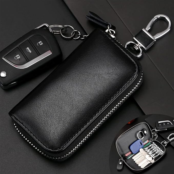 WESTONETEK Unisex Mens Womens Premium Leather Car Key Holder Bag Keychain Case Wallet with 6 Hooks Zipper Closure