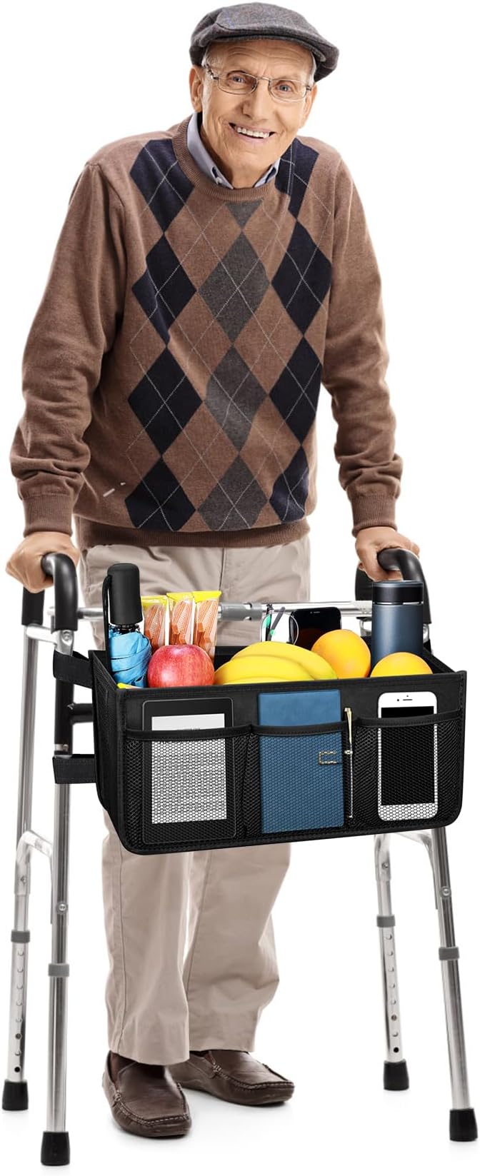 Dotday Upgraded Walker Basket with Cup Holder, Foldable Walker Bag | Basket for Walker for Senior, Walker Accessories for Folding Walker, Large Capacity, Never Tipping Over, Not Fit for Rollator