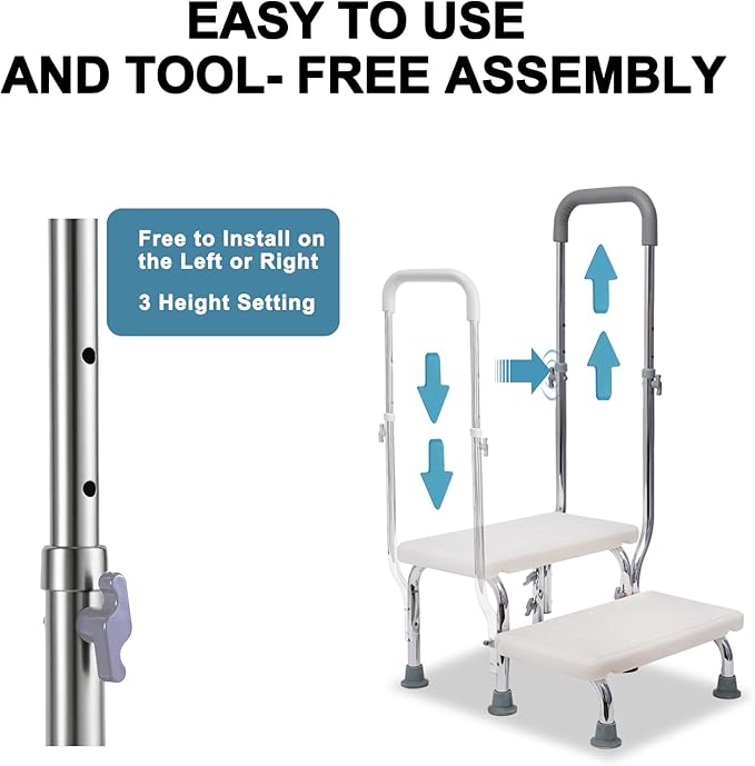 2 Step Stool with Handle for Elderly, Non-Slip Bedside Steps with Adjustable Handrail (450 lbs Capacity)