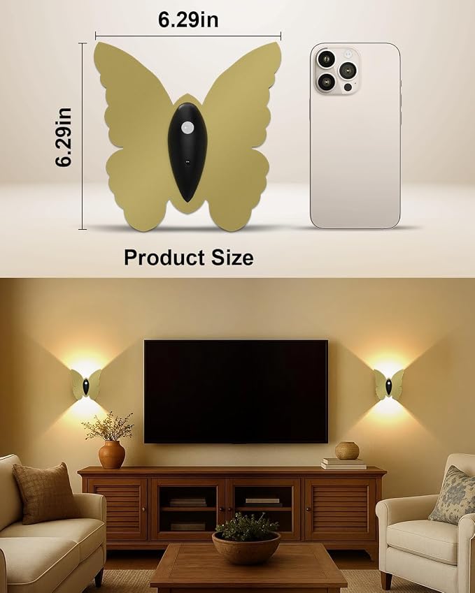 Eneru Motion Sensor Wall Sconce Set of 2, Rechargeable Wall Lights, Indoor | 5000mAh Battery Operated Wall Sconces, Motion Activated, Magnetic Butterfly Night Light for Hallway Stair Closet Pantry, Gold
