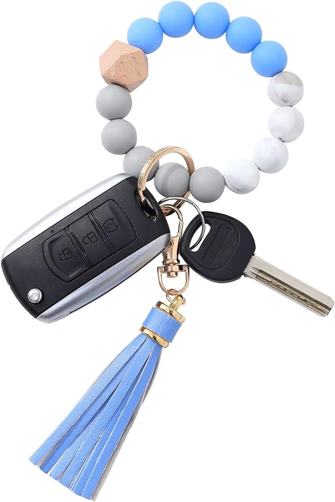BAOSIWA Silicone Beaded Bracelet Keychain Wristlet Key Ring Bangle Chains for Women with Leather Tassel