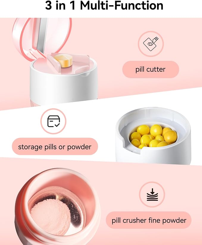 Pill Crusher Fine Powder - Cotatoc 3-in-1 Pill Crusher with Stainless Steel Grinding Pestle, Portable Pill Cutter and Crusher for Elderly and Pets (Pink)