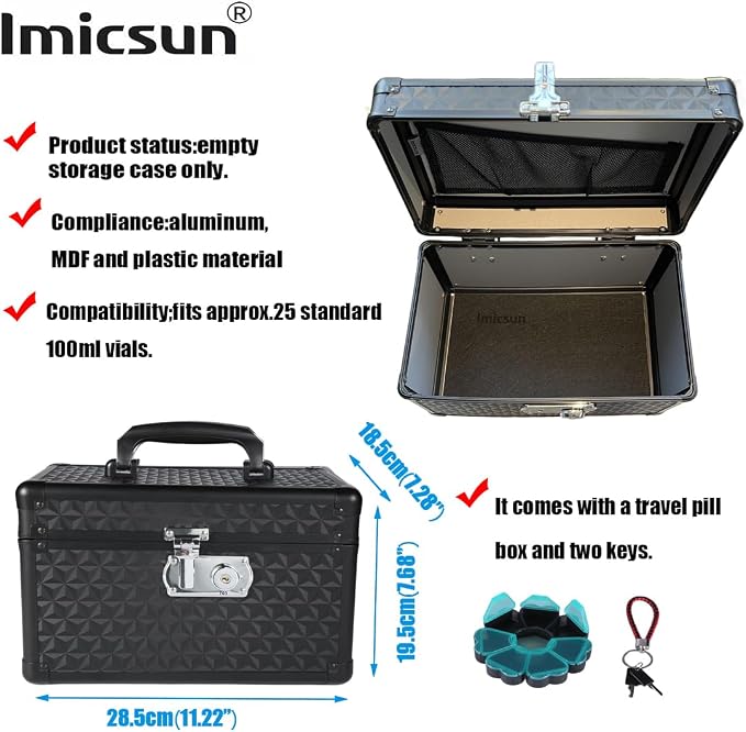 Lockable Medicine Storage Box w/Keys Black Medium 11.22x7.28x7.68 | Locked Medication Storage Bin, Portable Aluminum Case for Home, Bedroom, College Dorm & Apartment Privacy