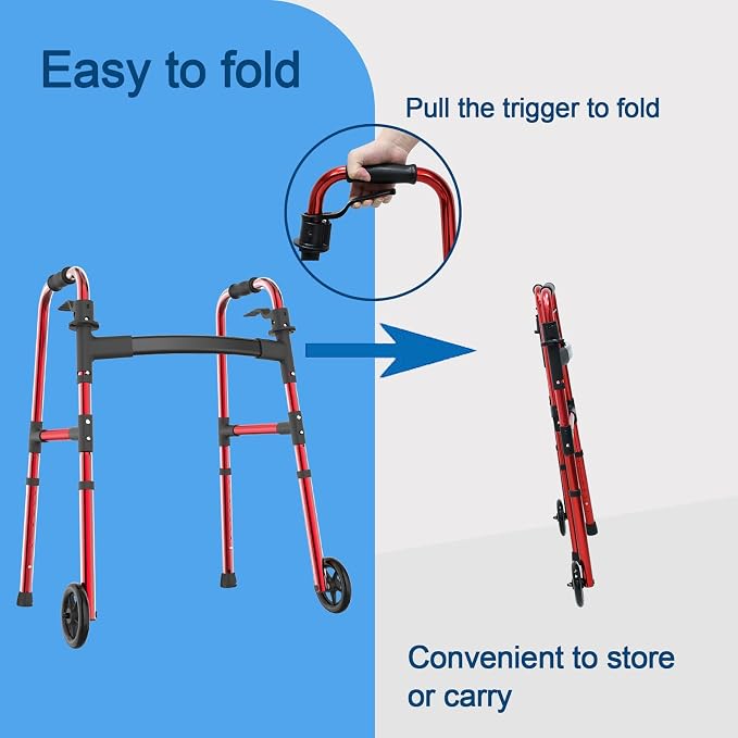 Loyoda Folding Walker for Seniors, Aluminum Front Wheel Walker, Ski Glides | 5" Front Wheels, Height Adjustable, Trigger Release Folding, Lightweight Standard Walker for Limited Mobility, Red