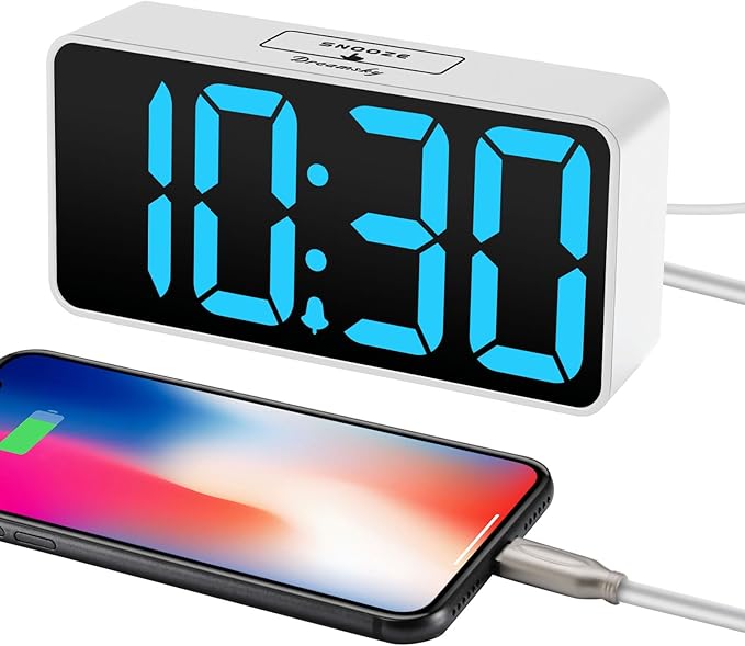DreamSky Small Digital Alarm Clock for Bedroom with Large Big Numbers | Electric Bedside Desk Clock with USB Charging Port, Brightness Dimmer, Adjustable Alarm Volume, USB-C Adapter Powered