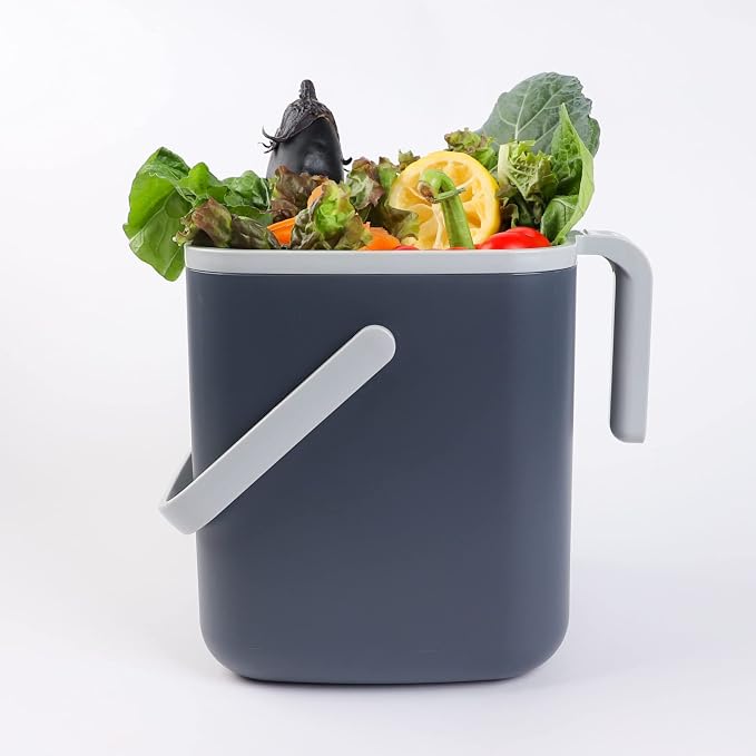 Blue Ginkgo Kitchen Compost Bin, 5L Countertop Compost Bin, Dark Grey | Odor-Tight. Filter-Free. Dishwasher Safe.