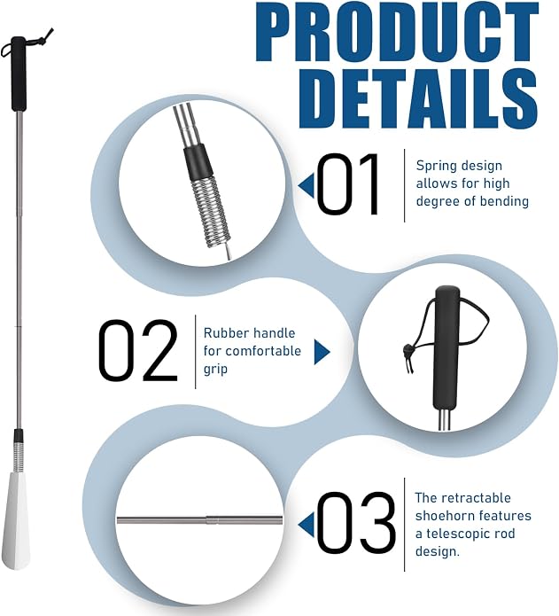 2 Pieces Shoe Horn Long Handle for Seniors, Stainless Steel Boot Horn Lifer, Shoe Helper Stick Aid Tools
