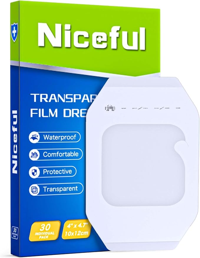 Niceful Transparent Film Dressing 30 Count-Clear Bandages for Wounds 4“x4-11/16, Waterproof Adhesive Wound Cover Bandages for Post Surgical Shower or IV Shield, Scar Therapy, Tattoo Dressings