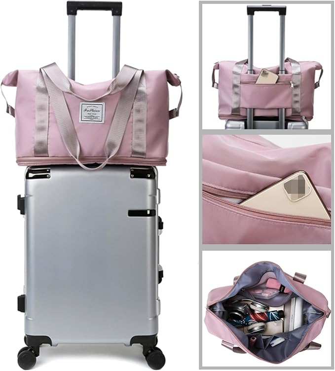 Large Capacity Folding Travel Bag, Lightweight Waterproof Luggage Bag, Expandable Travel Duffel Bag, Dry Wet Separated Gym Tote Bag, Weekender Overnight Bags for Women and Man (Pink)