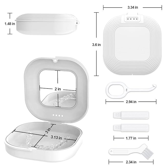 Retainer Case with Mirror and Vent Holes, Cute Retainer Holder Case Compatible with Invisalign, Aligner and Night Guard Case, Slim Retainer Case with Retainer Removal Tool, Chewies & Brush (White)