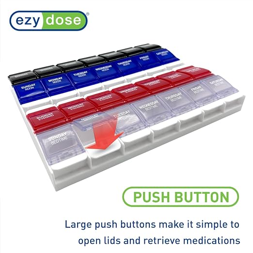 Ezy Dose Push Button Weekly 7-Day, 4X/Day Pill Organizer, Blue & Red, 2XL | Weekly Pill Case, Medicine Planner, Daily Vitamin Organizer, 4 Times a Day, Arthritis Friendly Push Button Lids, BPA Free