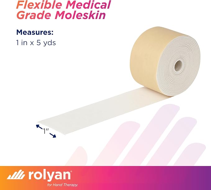 Rolyan Non-Latex Moleskin Roll, 1" x 5 yards, Beige, Padding with Paper Backed Adhesive, Cut to Fit for Splints, Braces, and Casts, Soft Flexible Tape for Blister Prevention & Skin Protection
