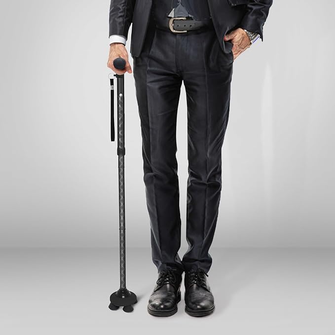 BeneCane Walking Cane for Men & Women Walking Stick for Seniors Folding Canes Quad Cane Adjustable Lightweight Sturdy Collapsible Heavy Duty with Soft TPR T-Handle and Travel Bag