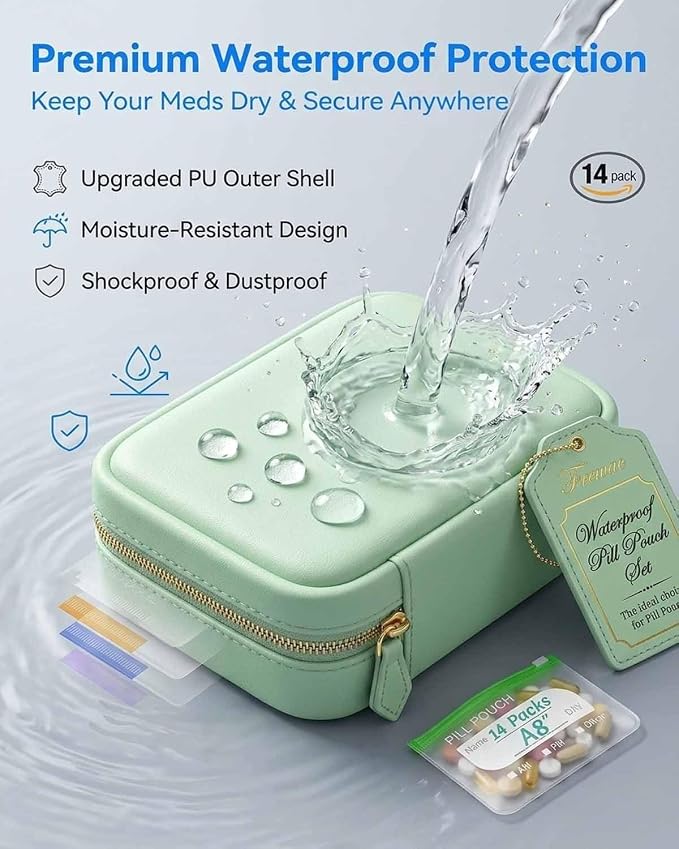 Waterproof Pill Organizer A8 Binder Set Pill Pouches for Travel 14PCS Bags Inside Large Zippered Pouch Bpa-Free Weekly Medicine Air Tight Pocket Color-Coded Reusable Travel Storage System