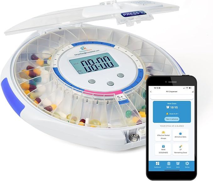 Bluetooth Automatic Pill Dispenser with Safety Lock for Seniors | App/Audio/Visual Alerts, Tracks Adherence History, Up to 9 Alarm/Day, 28-Day Medication Organizer for Dementia & Chronic Care