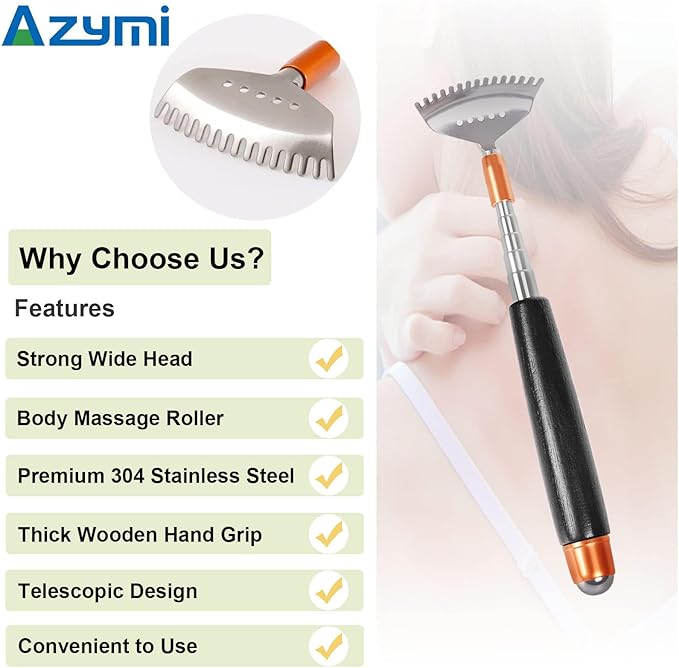 Back Scratcher, Portable Body Scratcher Extendable Heavy-Duty Wooden Handle/Steel Roller Ball/Curved Claw, Face Head Scalp Scratcher Massager Tool