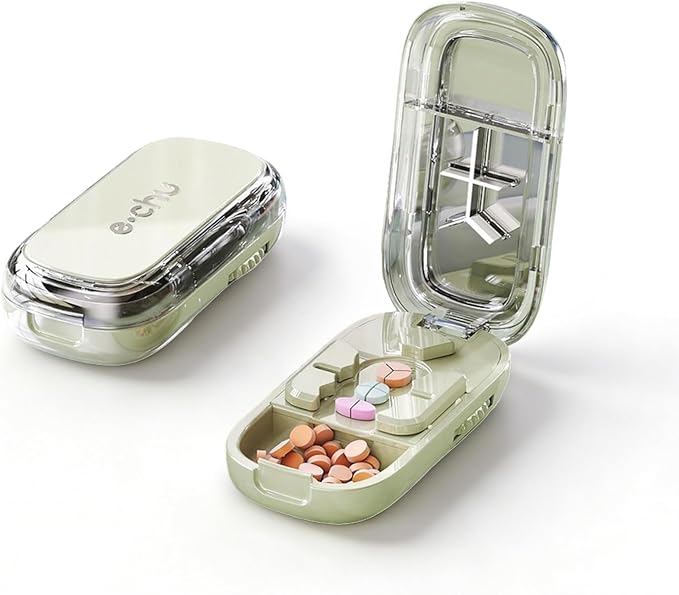 Pill Cutter Splitter for Small and Tiny Large Pills,Adjustable Pill Splitter Push-Button Cuts into 1/2, 1/3, 1/4，Comes with a Small Brush and a Medicine Storage Box (Green, 1/3 Tablet)