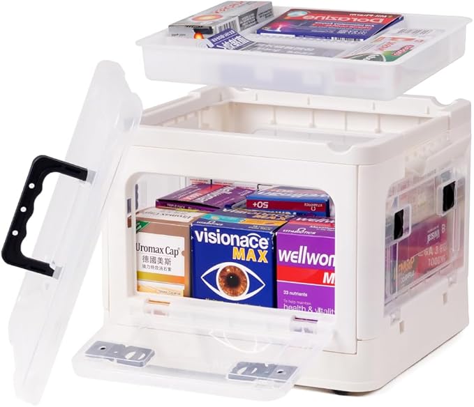DOUKE 22qt Medicine Organizer Storage Box – Plastic First Aid Box Empty with Lid, Stackable Medical Container with Handle & Wheels, Sturdy BPA-Free Case with Tray for Medication & Supplies