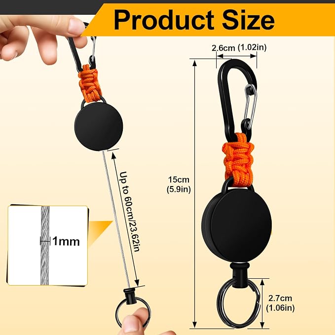 Retractable Keychain 4 Pieces Heavy Duty Carabiner Badge Holder Retractable Badge Reel ID Holder Extendable Key Ring Key Holder with 23.6” Steel Cord and Paracord(Black + Beige + Blue + Orange)