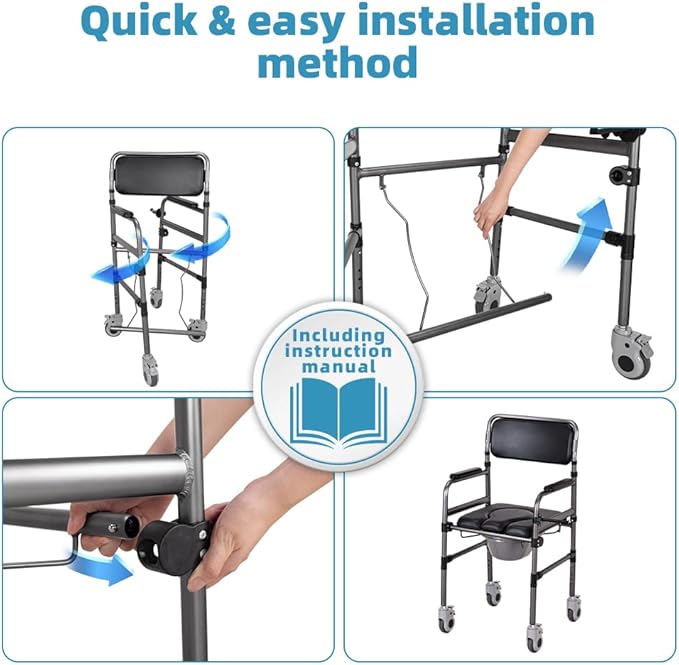 Bedside Commode Chair Foldable Height-Adjustable Toilet Chair with PU Seat 3" Locking Wheels, 400lbs Capacity, 22.8-40.6" Adjustablefoldable Shower Chair (Toilet- Open Type)