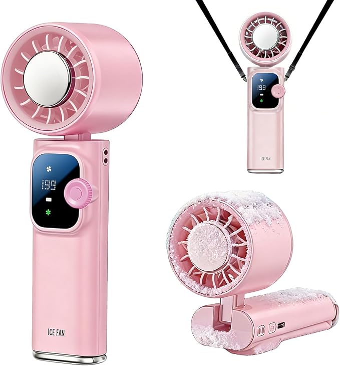 Portable Handheld Fan with Ice Cooling Personal Rechargeable Mini Neck Fan | 20000RPM,199-Speed 4000mAh Battery Powered up to 15hrs with LED Display for Travel, Camping & Outdoor, Pink