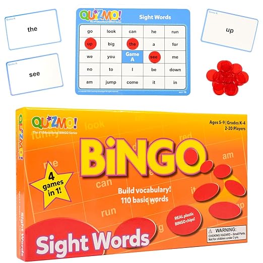 QUIZMO Sight Words | Bingo-Style Vocabulary Game | 4 Levels of Difficulty for Ages 5-9 | Teach Basic Reading and Writing Skills