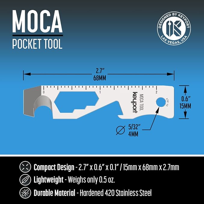 Keyport MOCA 10-in-1 Keychain Multitool - Flat EDC Key Tool - Silver | Fits Key Chains, Select Key Organizers | 420 Stainless | Internal Blade, Travel-Friendly | Box Opener, Pry Bar, Bottle Opener