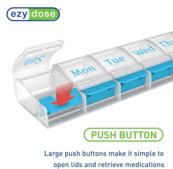 EZY DOSE Weekly (7-Day) AM/PM Daily Pill Organizer, Vitamin Case, and Medicine Container, X-Large Compartments, Arthritis Friendly, Convenient with Effortless Portability, Clear/Blue Lids, BPA Free