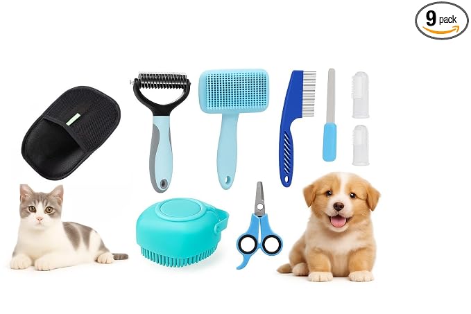 9-in-1 Pet Grooming Kit, Self-Cleaning Slicker Brush, Deshedding Rake, Lint Remover, Nail Clipper & More, Complete Cats & Dog Care Set.