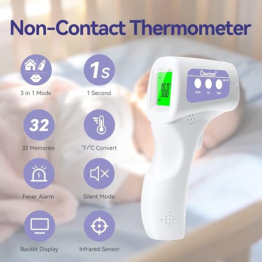 Berrcom 3-in-1 Non-Contact Infrared Forehead Thermometer, Purple | Digital fever check temperature gun for baby, infant, kids & adults, batteries included, fast accurate reading, JXB-178