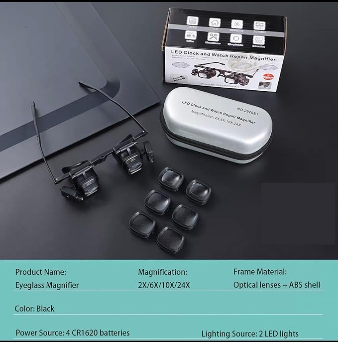 24X Headband Magnifying Glasses with 2 LED Lights, Hands-Free Head Mount Magnifier with 4 Sets of Interchangeable Lenses (2X, 6X, 10X, 24X) for Jewelry Loupe, Watch Repair, Crafting and Reading