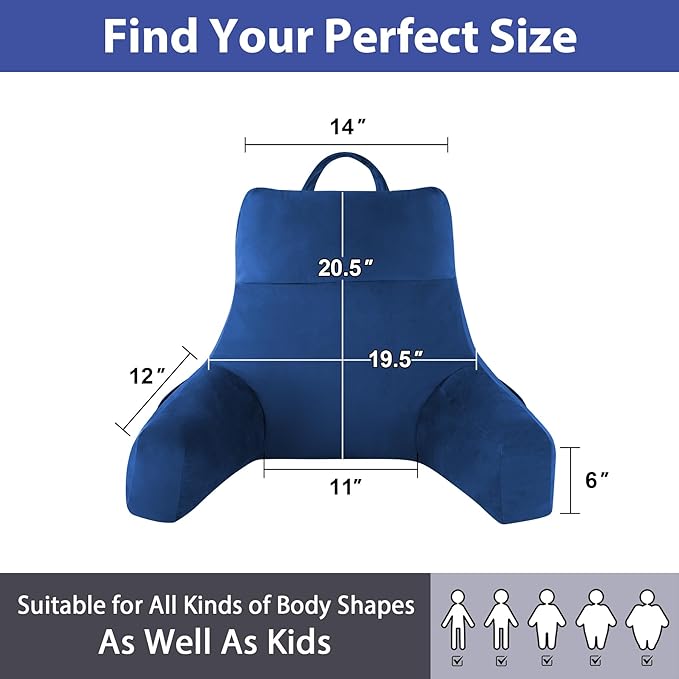 Reading Pillow with Arms for Adults, Back Pillow for Bed Sitting Up, Shredded Memory Foam Backrest Pillow with Pockets & Removable Washable Cover, Lounging, Watching TV, Reading(20inch Navy)
