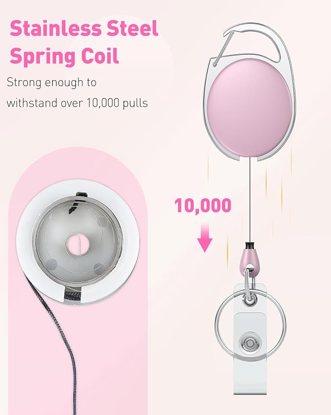Uniclife 2 Pcs Retractable Badge Reel Keychain Clip for Badge Holder Pink | Heavy Duty, Stainless Steel Spring Coil, 24 Inch Nylon Rope, Carabiner Clip, Key Ring, Badge Holder Clip for Keys and ID Card