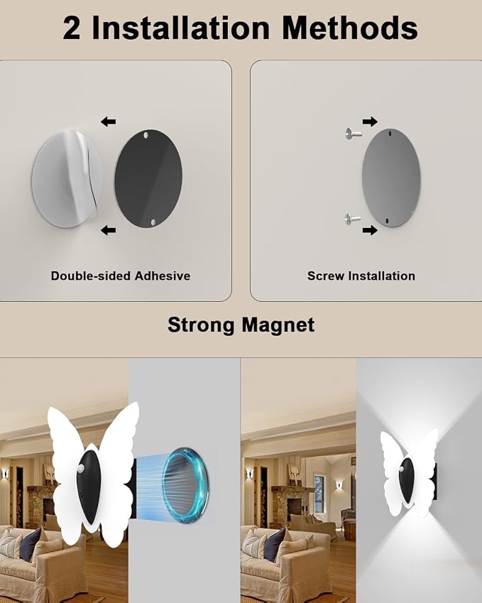 Eneru Motion Sensor Wall Sconce Set of 2, Rechargeable Wall Lights, Indoor | 5000mAh Battery Operated Wall Sconces, Motion Activated, Magnetic Butterfly Night Light for Hallway Stair Closet Pantry,White