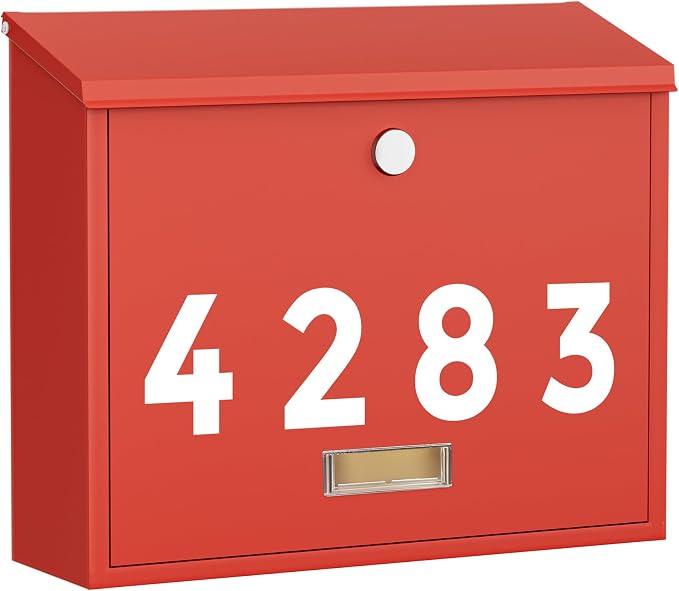 LAND·VOI Locking Wall-Mount Mailbox for Outside, with 4 Keys, Galvanized Steel Rustproof Metal Postbox, 4" Dx13.8 Wx11.2 H, Includes 3 Sets of Mailbox Numbers, Nameplate, Red