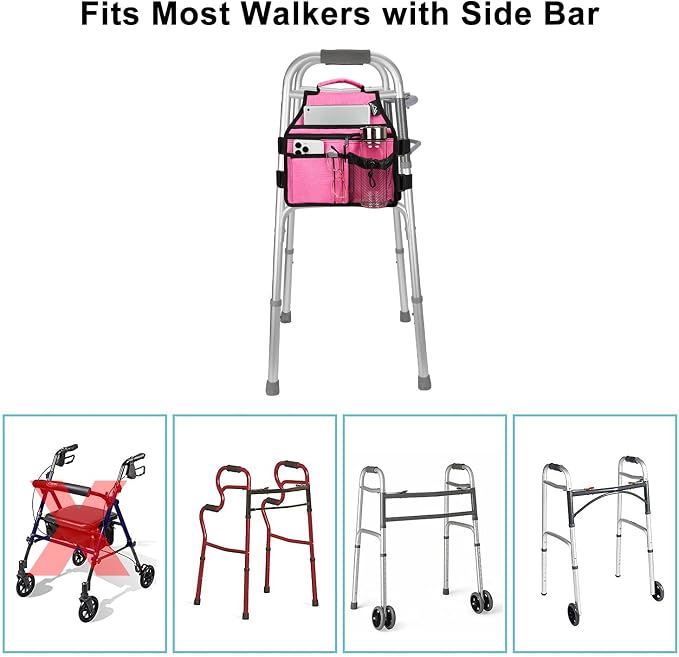 supregear Walker Side Bag, Storage Pouch w/Cup Holder for Folding Walker, Waterproof Caddy Basket for Side Bar Accessory Attachment for Seniors Elderly, Double Sided Organizer