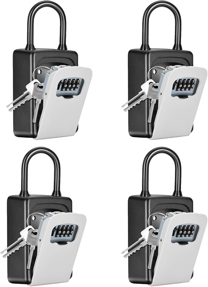 Portable Key Lock Box, Upgrade Clearly Visible Numbers, Lock Box Wall Mounted for House Key, 5 Key Capacity, Weatherproof Resettable Code (4 Pack, Grey)